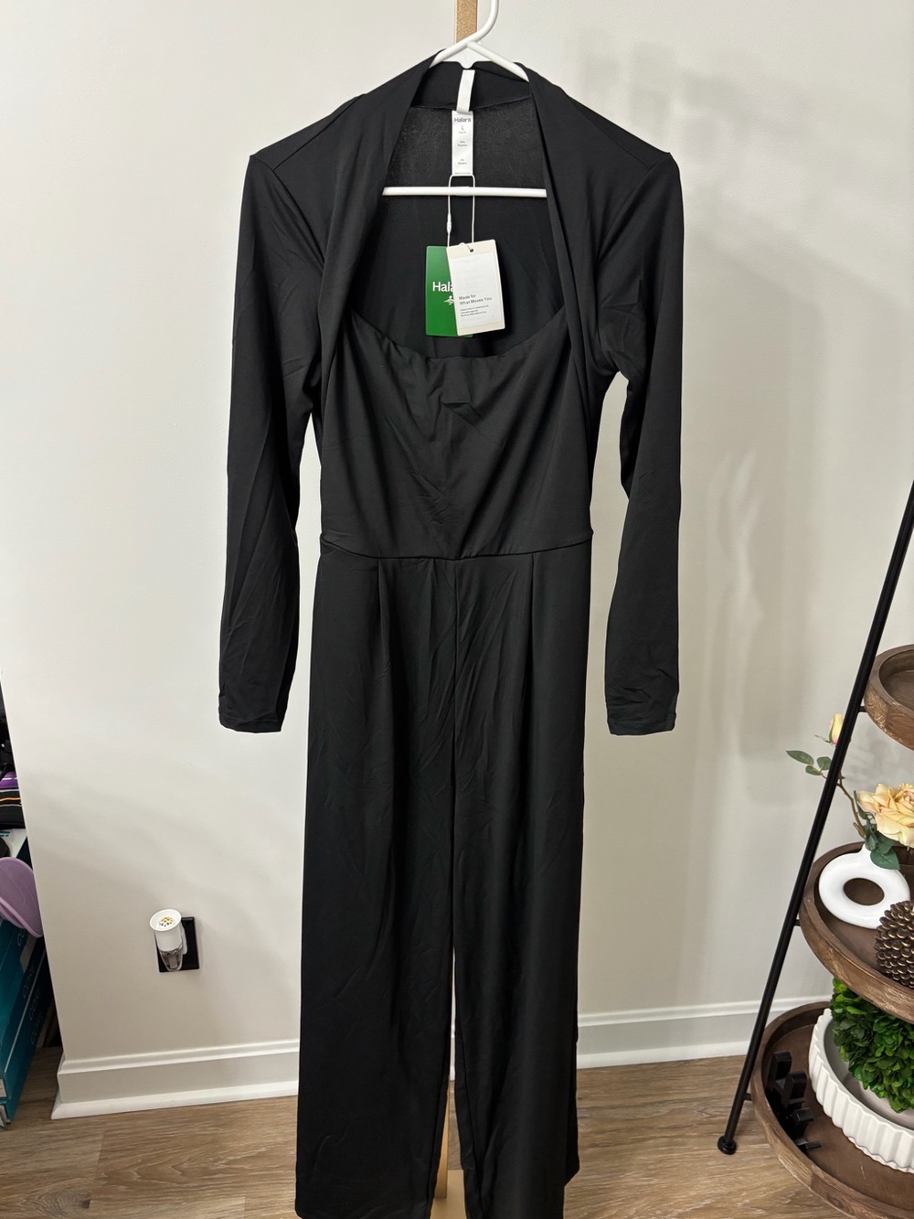 HALARA Black Long-Sleeve Jumpsuit with Square Neckline